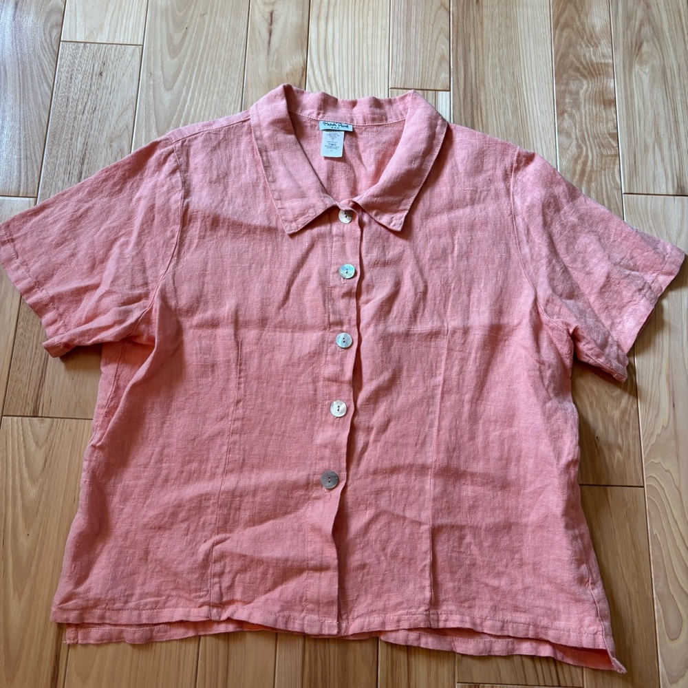 Vintage Match Point USA Linen Orange Button Front Short Sleeve Shirt